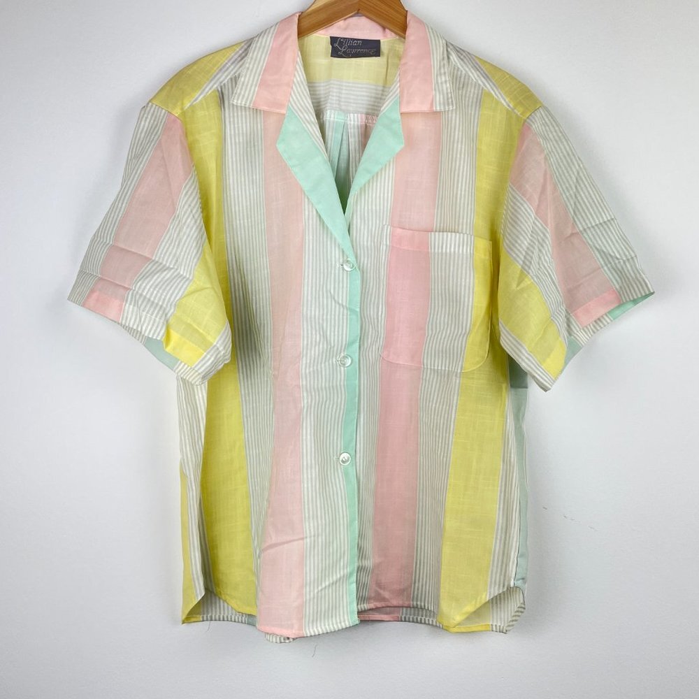 Lillian Lawrence Pink | Blue | Tan Stripe Blouse Sz Medium